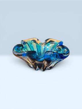 Vintage Handblown Murano Style Art Glass Bowl  in Blue Accents